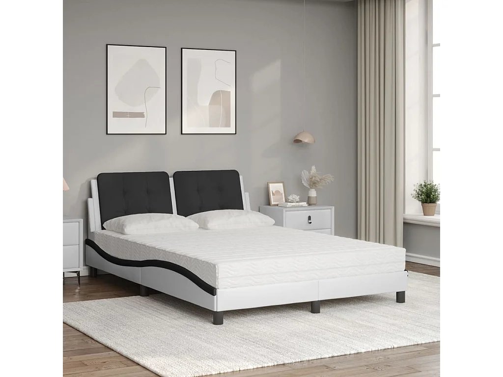 Cama 140x190 cm con colchón cuero sintético blanco y negro ES339035