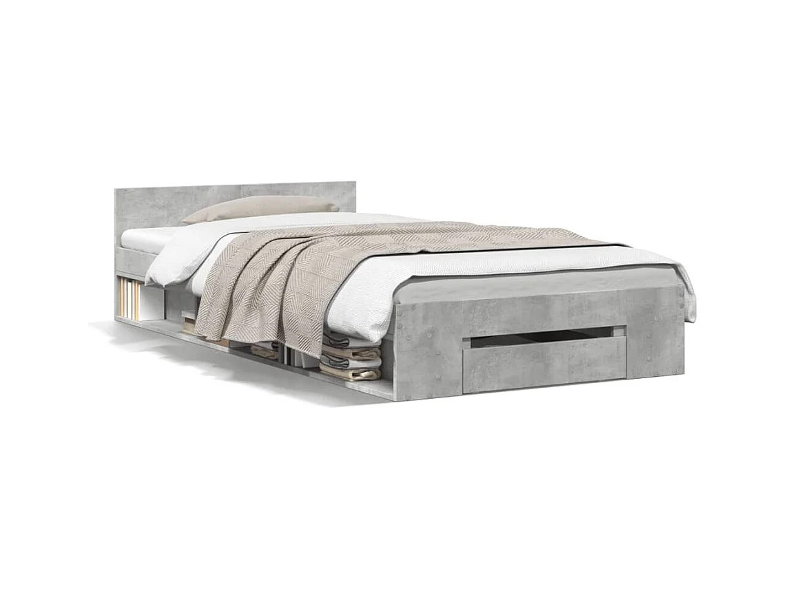 Lit simple et tiroir gris béton 90x190 cm bois d'ingénierie FR57397