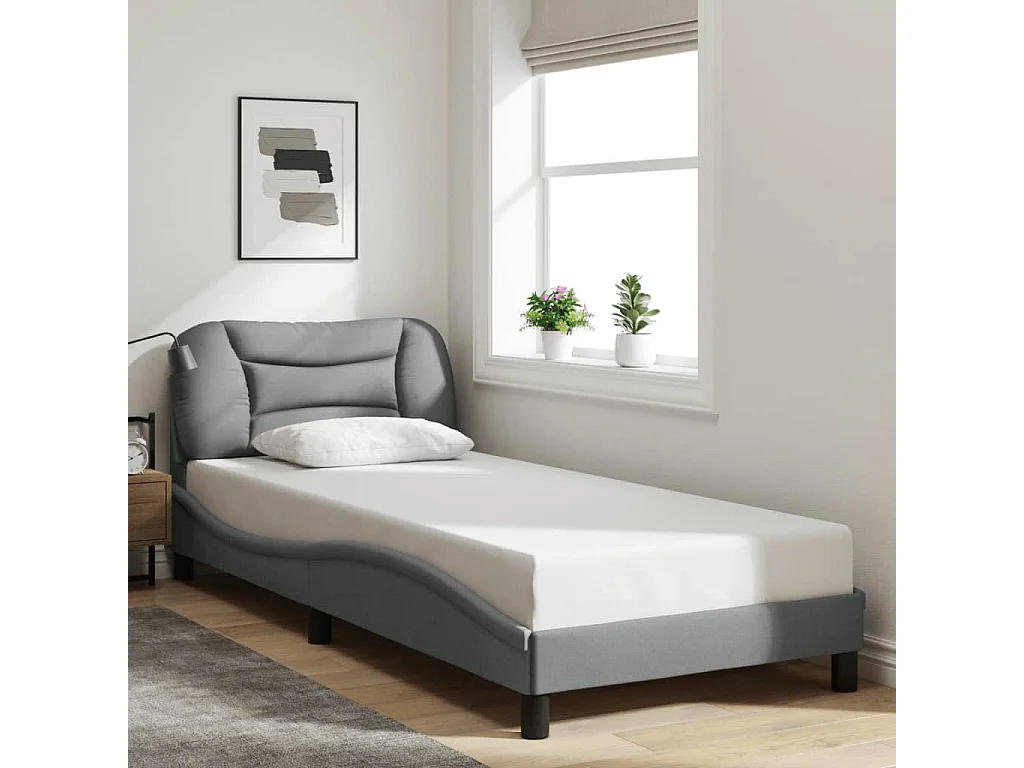 Lit simple avec lumières LED gris clair 90x190 cm tissu FR22918