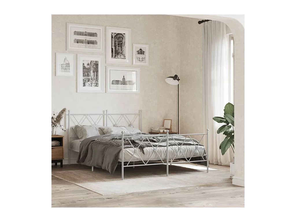 Lit double métal + tête de lit/pied de lit blanc 140x190cm FR31594