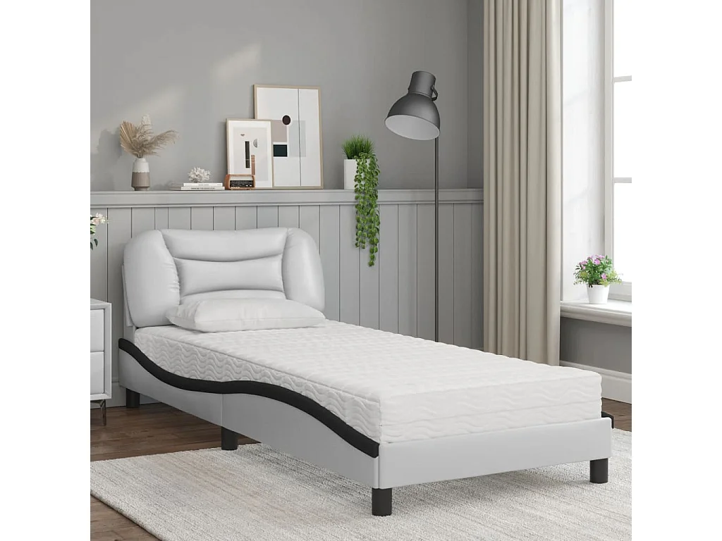 Lit adulte + matelas blanc et noir 90x200 cm similicuir FR26292