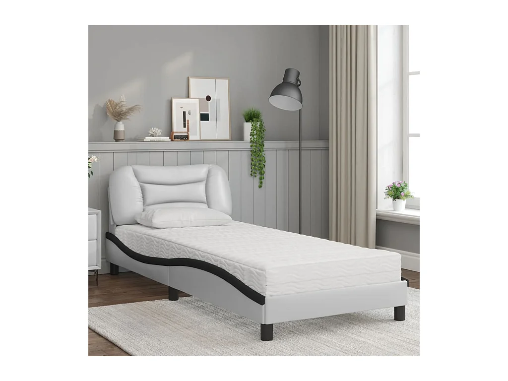 Lit adulte + matelas blanc et noir 90x200 cm similicuir FR26292