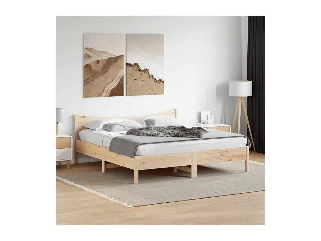 Lit double + tête de lit 180x200 cm bois de pin massif FR13417
