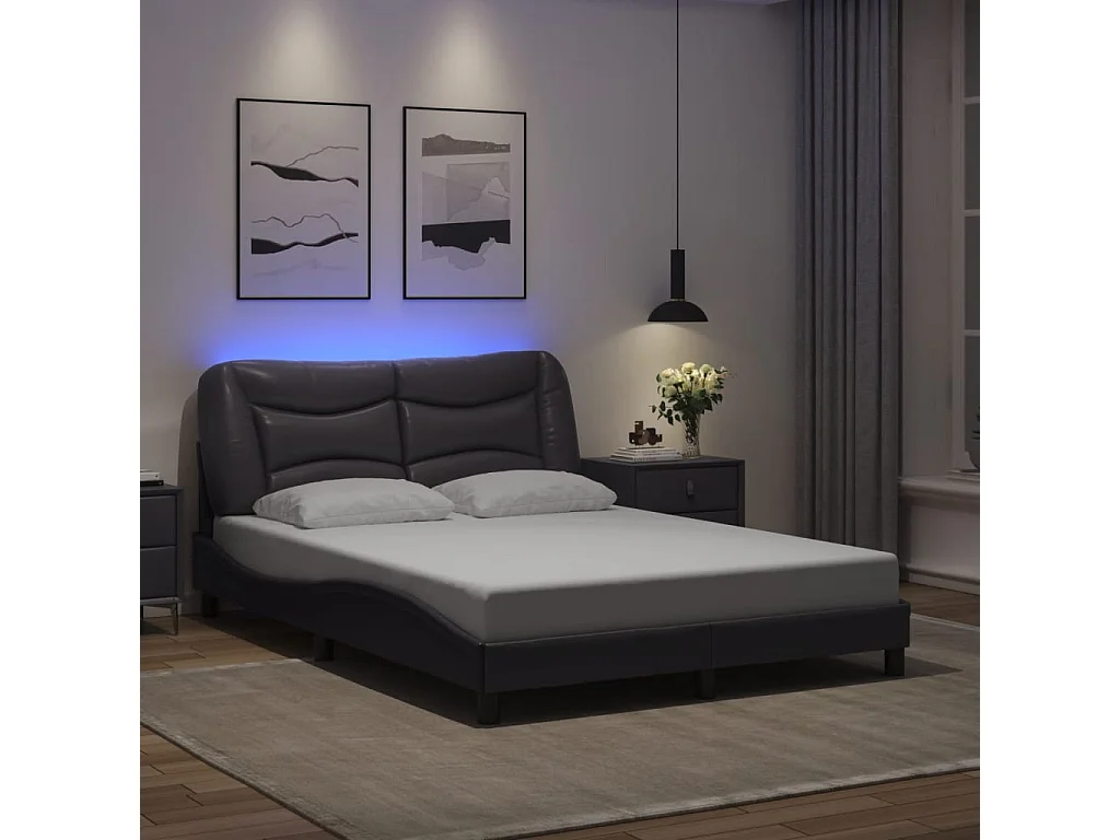 Lit double avec lumières LED gris 140x190 cm similicuir FR61691