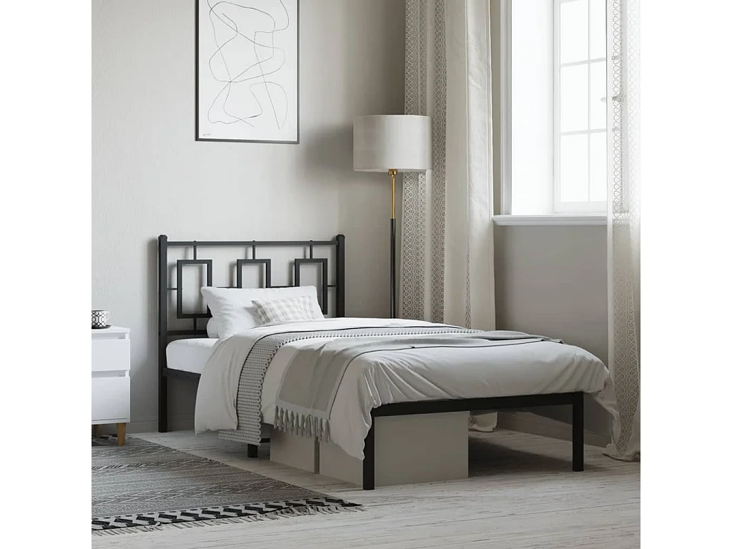 Lit simple métal + tête de lit noir 90x190 cm FR63758