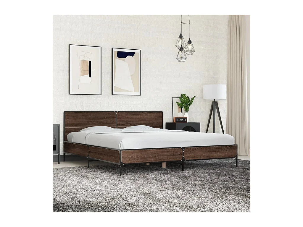 Bedframe bewerkt hout metaal bruin eikenkleur 200x200 cm BE491615