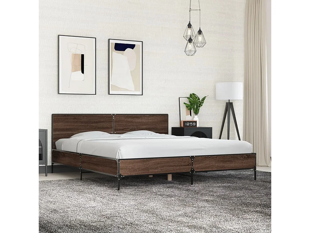 Lit double chêne marron 200x200 cm bois d'ingénierie et métal FR23516