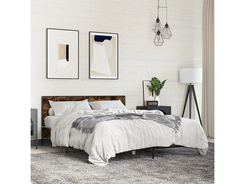Lit double chêne fumé 160x200 cm bois d'ingénierie et métal FR80363