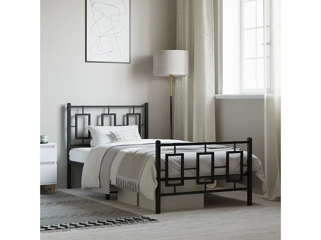 Lit simple métal + tête de lit/pied de lit noir 100x190 cm FR13652