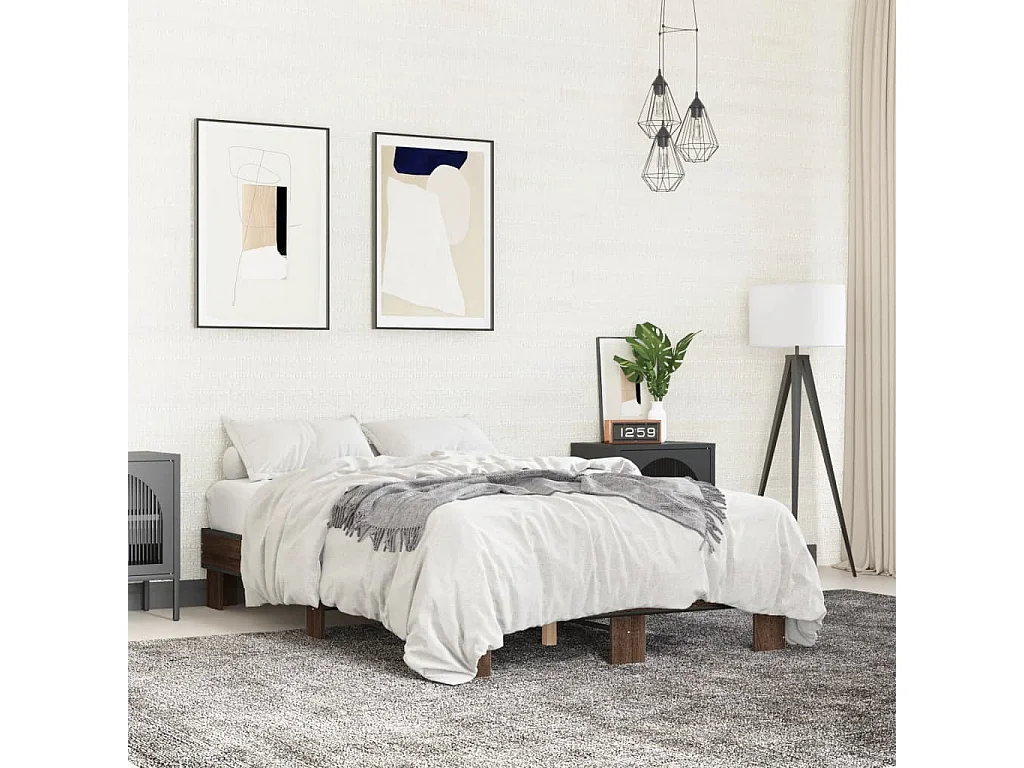 Lit double chêne marron 140x190 cm bois d'ingénierie et métal FR84296