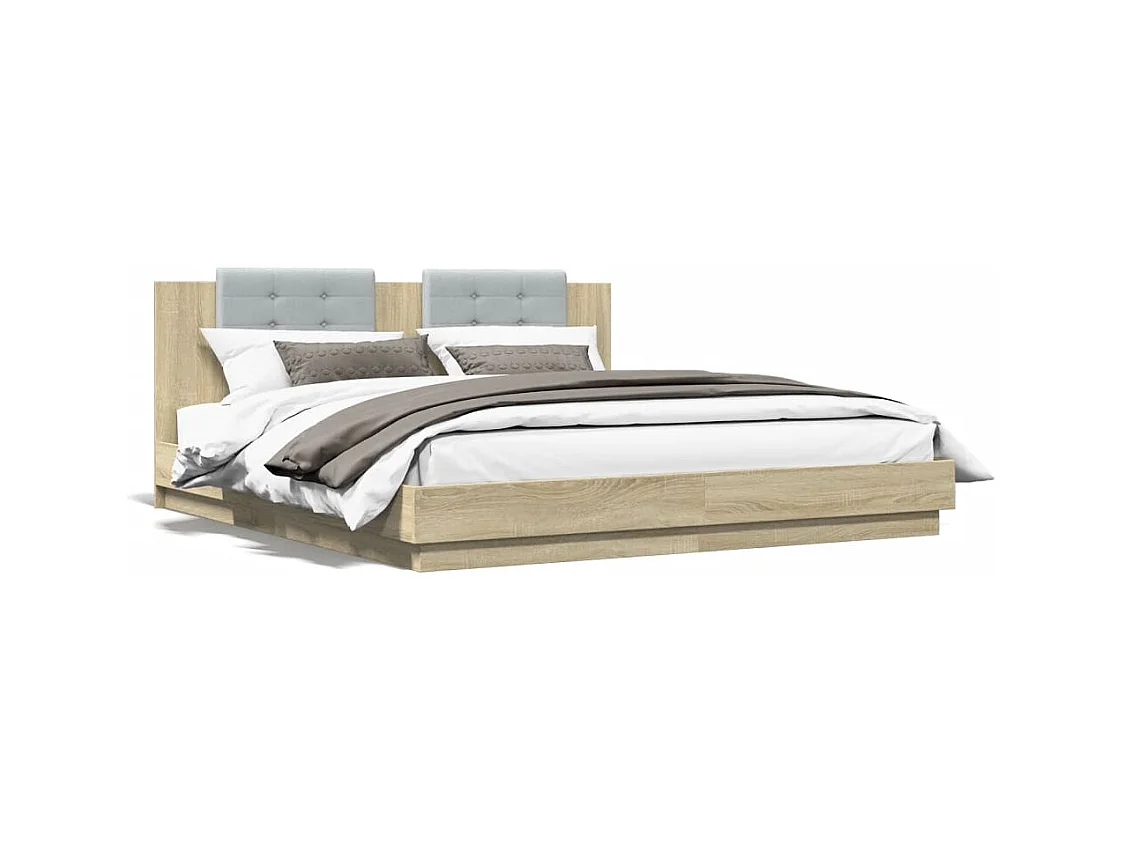 Lit double tête de lit et lumières LED chêne sonoma 160x200cm FR50205