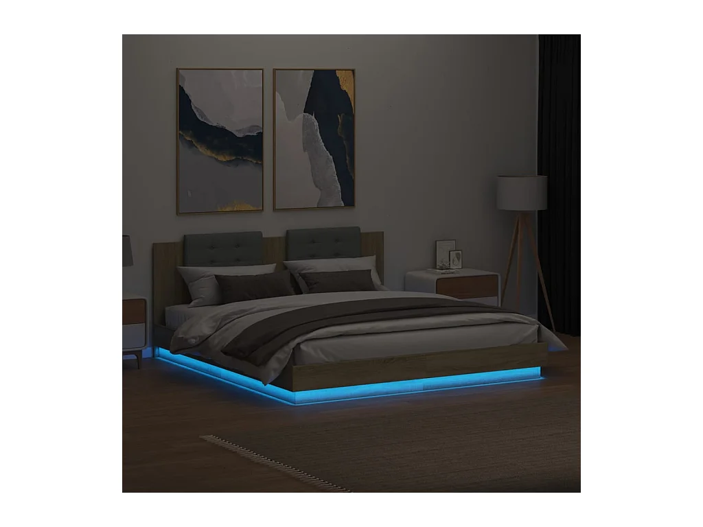 Cama matrimonial- 160x200 cm cabecero luces LED roble Sonoma ES911261