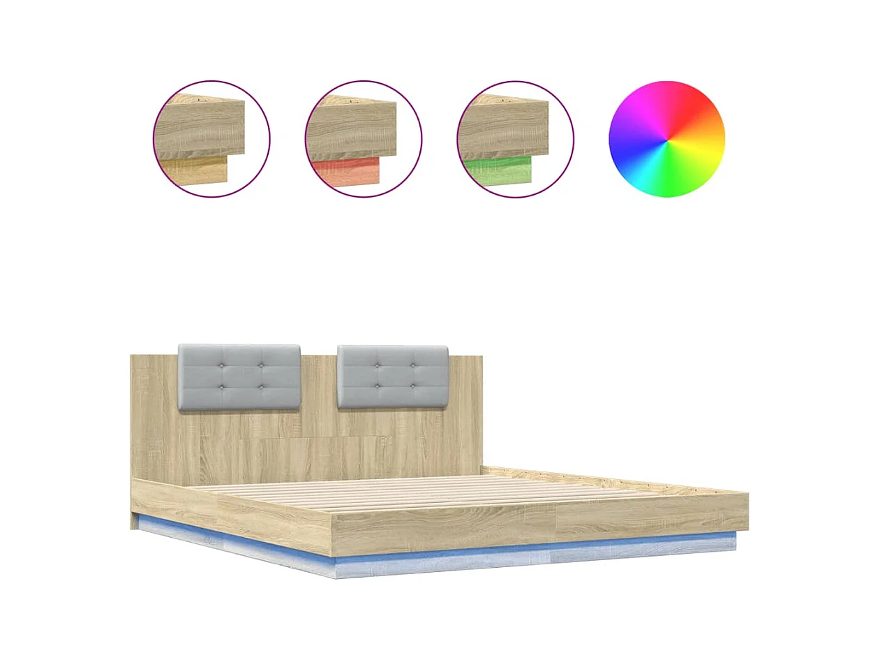 Cama matrimonial- 160x200 cm cabecero luces LED roble Sonoma ES911261