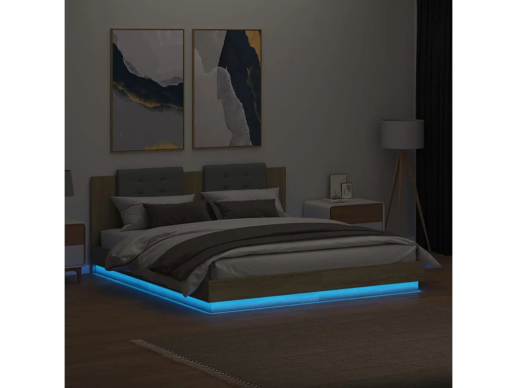 Lit double tête de lit et lumières LED chêne sonoma 160x200cm FR50205