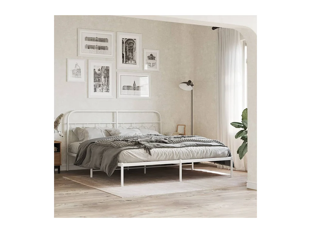 Lit double métal + tête de lit blanc 193x203 cm FR83148