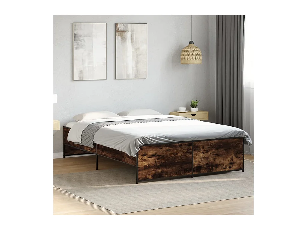 Lit double chêne fumé 135x190 cm bois d'ingénierie et métal FR29475