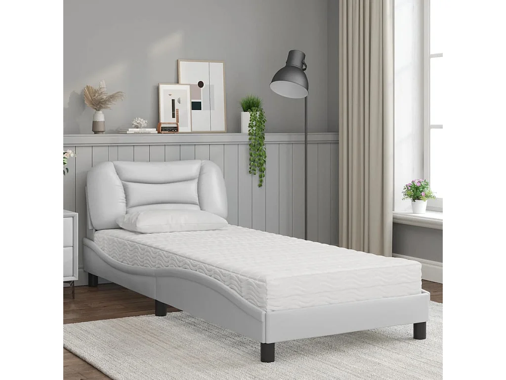 Cama 80x200 cm con colchón cuero sintético blanco ES734477
