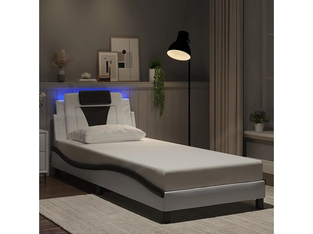 Cama 80x200 cm - con LED cuero sintético blanco negro ES799704