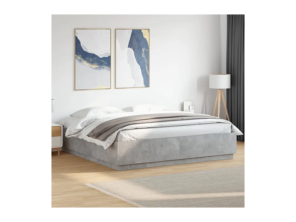 Lit double gris béton 200x200 cm bois d'ingénierie FR33305