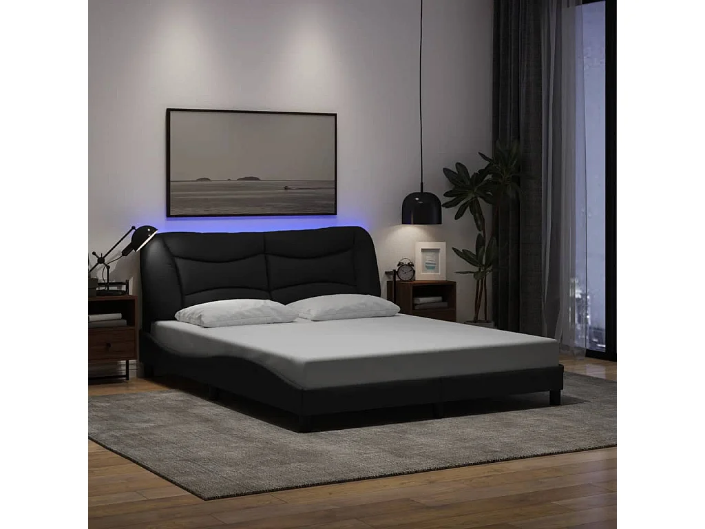 Lit double avec lumières LED noir 160x200 cm tissu FR93859