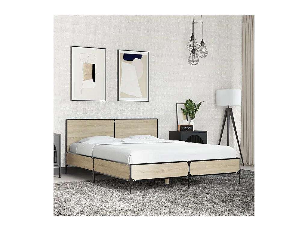 Lit double chêne sonoma 135x190 cm bois d'ingénierie et métal FR35029