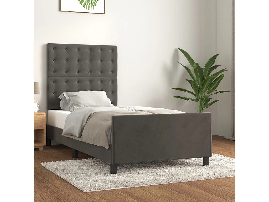 Lit simple + tête de lit Gris foncé 90x190 cm Velours FR76346