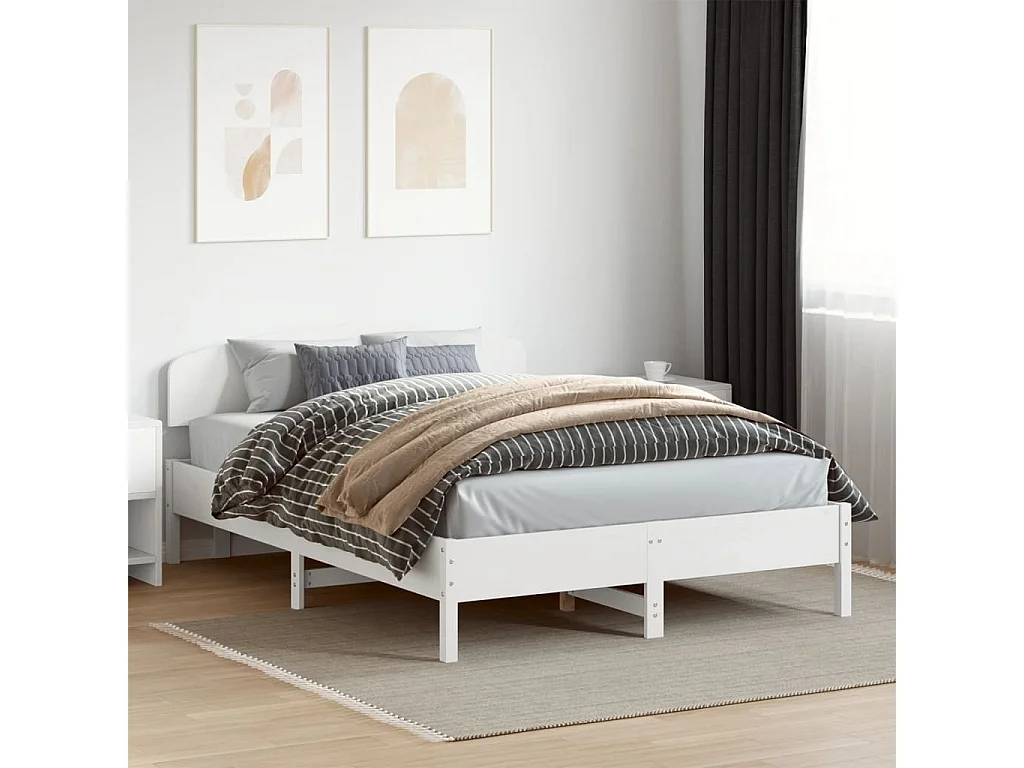 Lit double + tête de lit blanc 150x200 cm bois pin massif FR73769