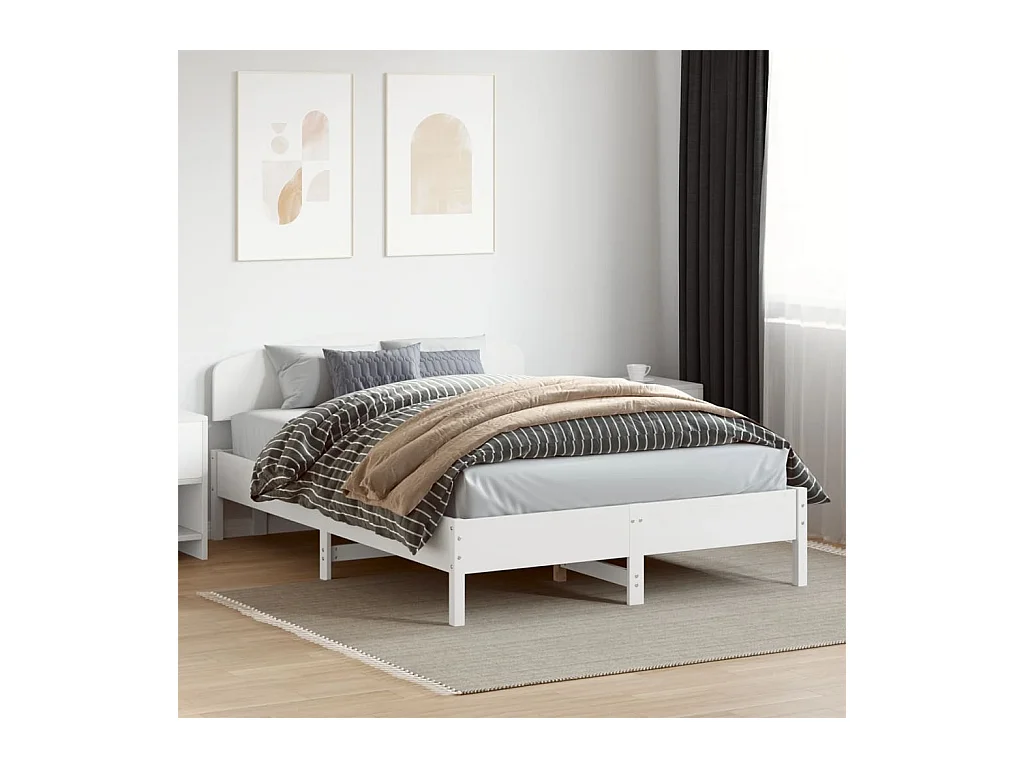 Lit double + tête de lit blanc 150x200 cm bois pin massif FR73769