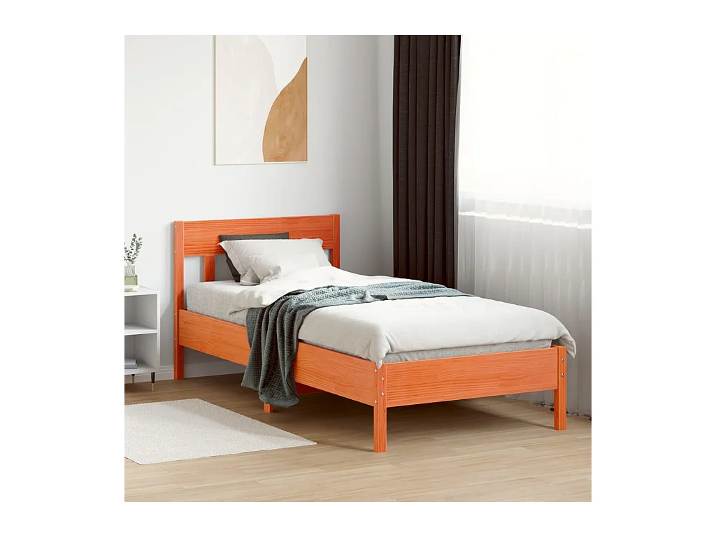 Lit simple + tête de lit cire marron 90x200 cm bois de pin FR85266