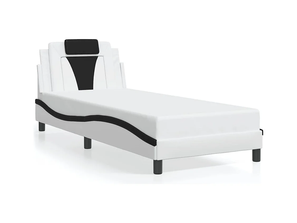 Cama individual- con cabecero cuero sintético blanco y negro ES769046