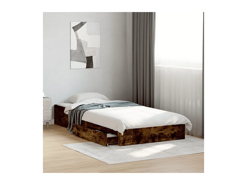 Lit simple et tiroirs chêne fumé 100x200 cm bois d'ingénierie FR21539