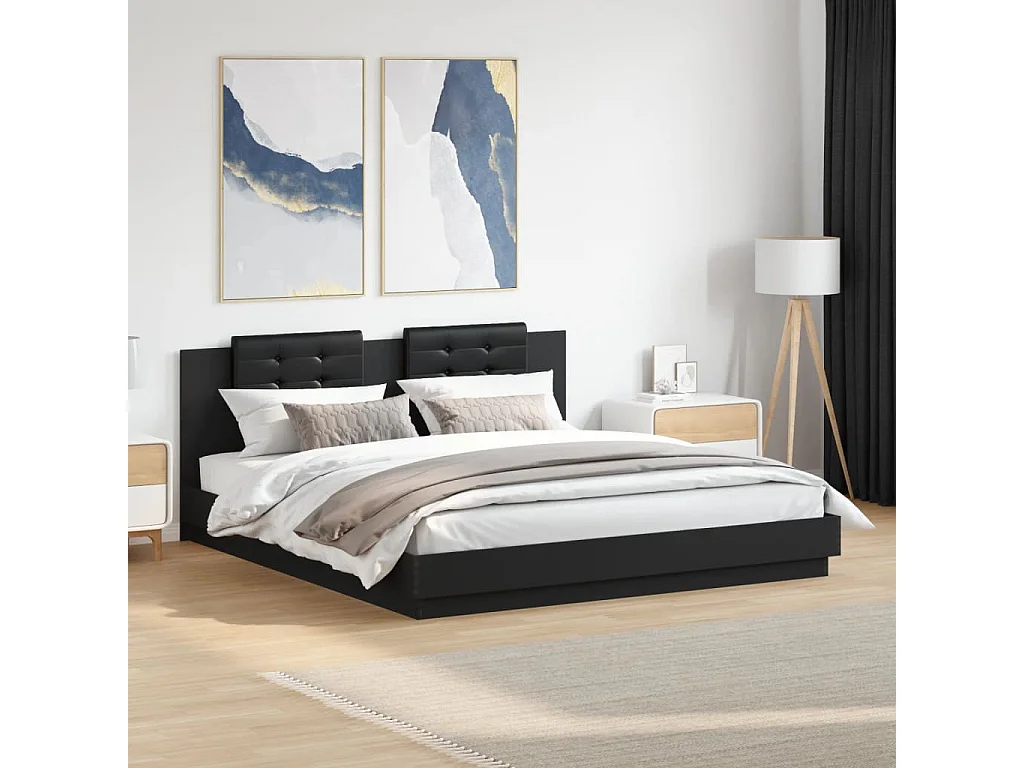 Bedframe met hoofdbord bewerkt hout zwart 160x200 cm BE427875