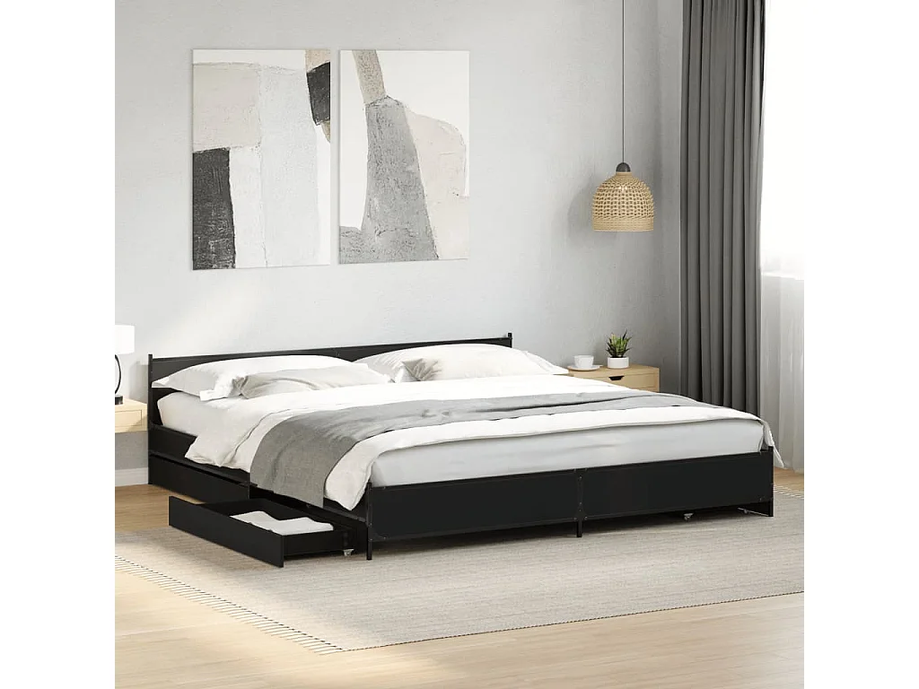 Cama c/ gavetas 200x200 cm derivados madeira preto PT963846