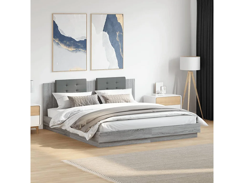 Lit double tête de lit et lumières LED sonoma gris 160x200 cm FR51186