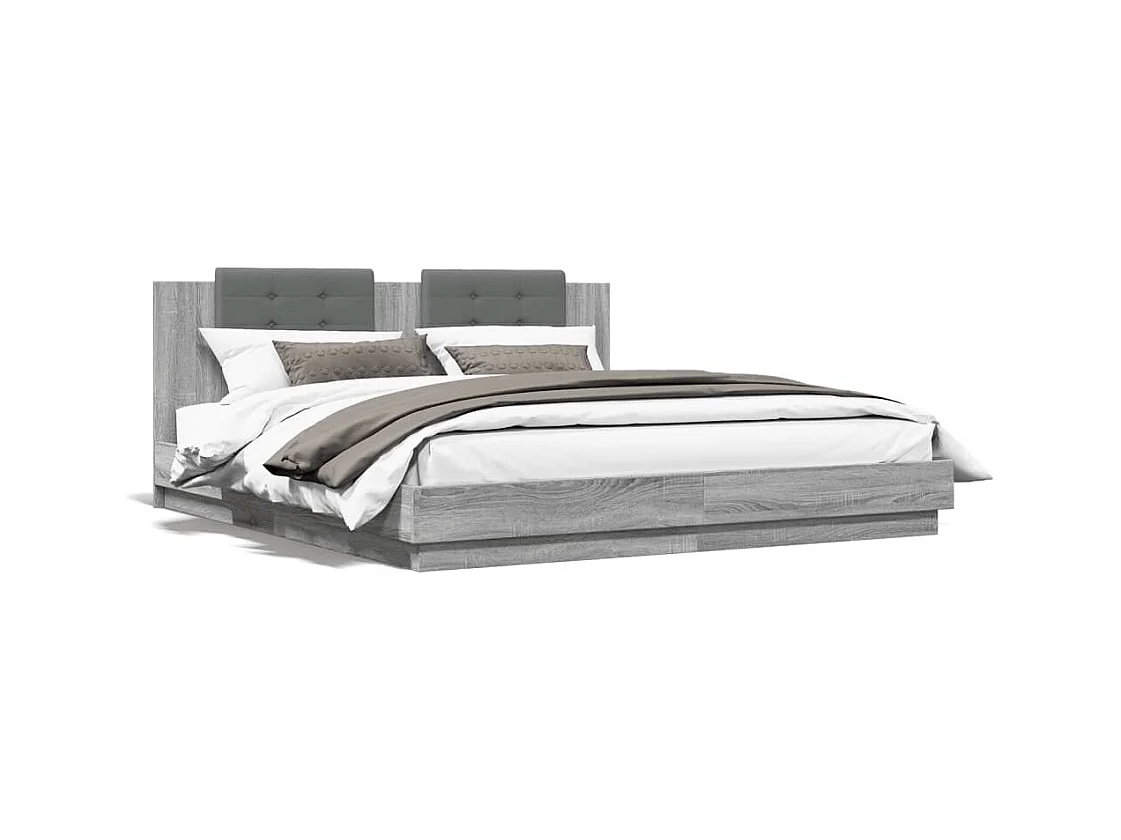 Lit double tête de lit et lumières LED sonoma gris 160x200 cm FR51186