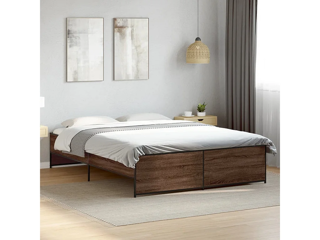 Lit double chêne marron 160x200 cm bois d'ingénierie et métal FR32896