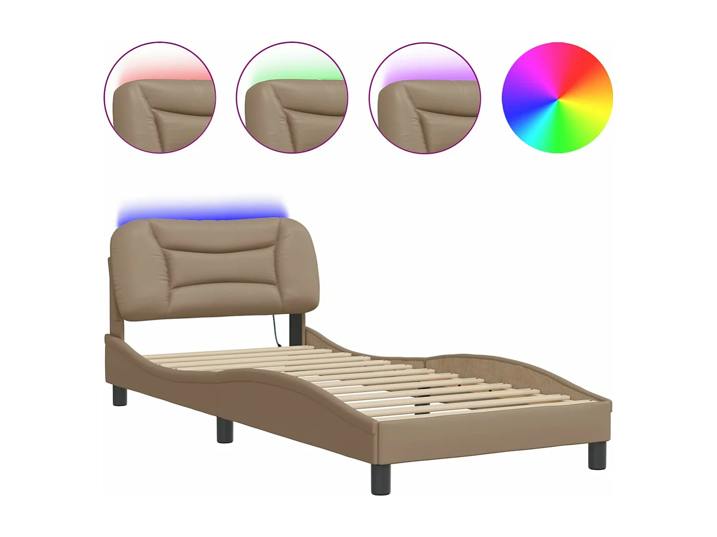 Cama c/ luzes LED 90x200cm couro artif. cappuccino PT998271