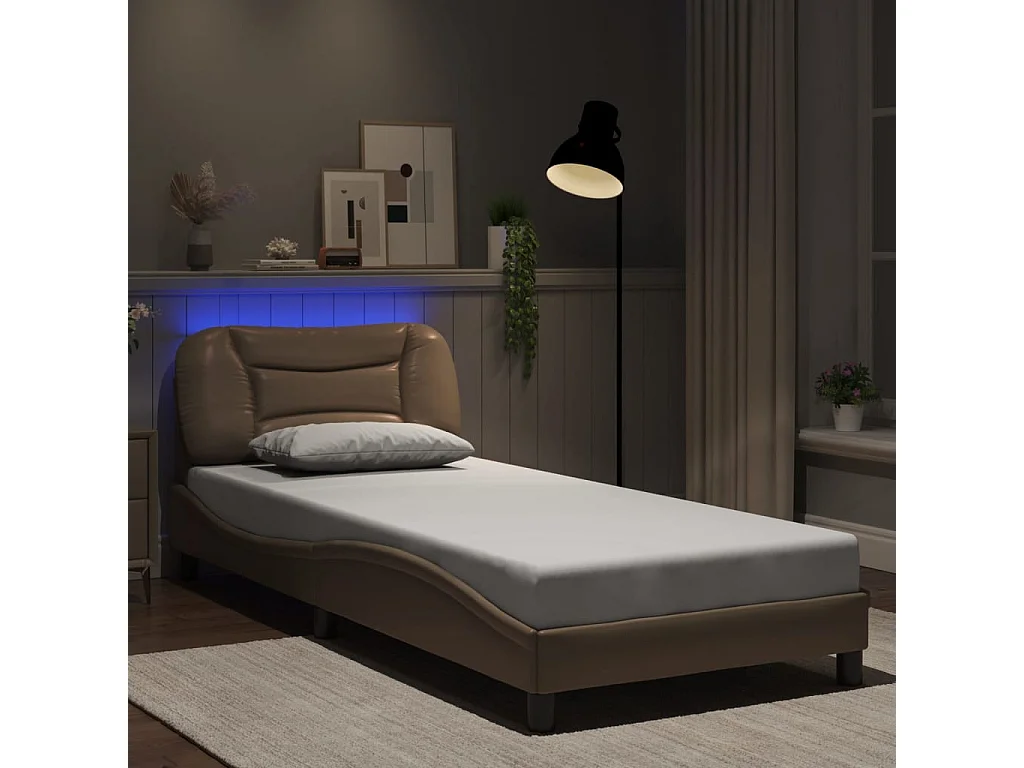 Cama c/ luzes LED 90x200cm couro artif. cappuccino PT998271