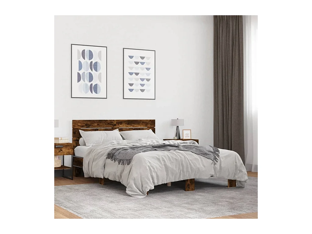 Lit double chêne fumé 140x190 cm bois d'ingénierie et métal FR83425