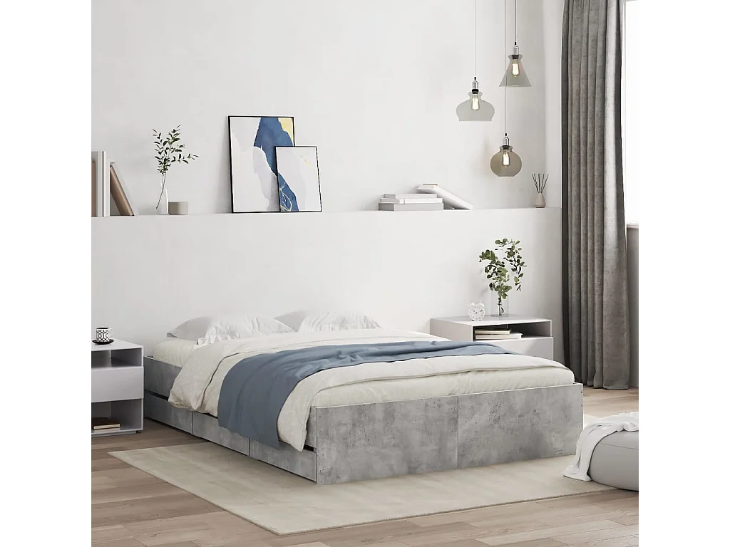 Cama 135x190 cm con cajones madera ingeniería gris hormigón ES459173