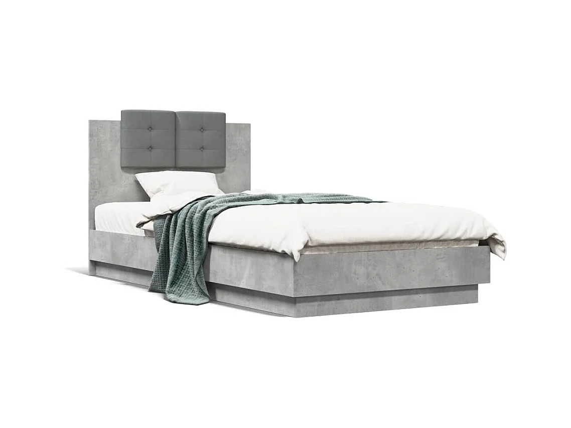 Lit simple tête de lit et lumières LED gris béton 75x190 cm FR24680