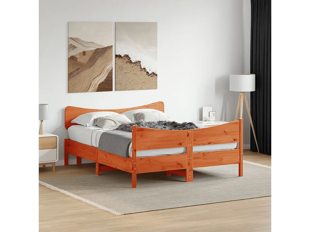 Cama 140x190 cm - con cabecero madera pino marrón cera ES805132