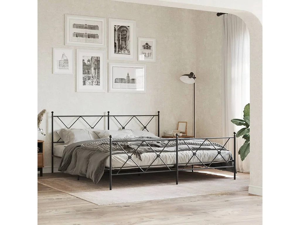 Lit double métal + tête de lit/pied de lit noir 183x213 cm FR30110