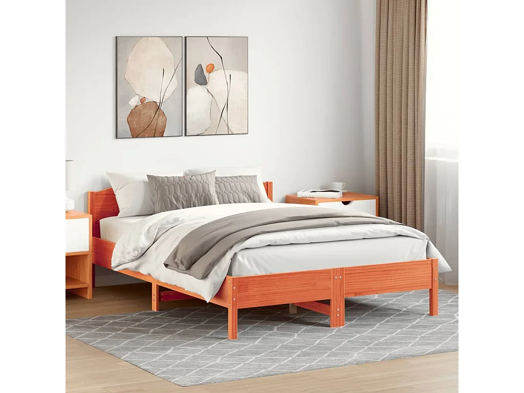 Lit double et tête de lit cire marron 120x200 cm bois de pin FR45415