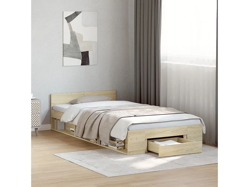 Lit simple et tiroir chêne sonoma 100x200 cm bois ingénierie FR74206