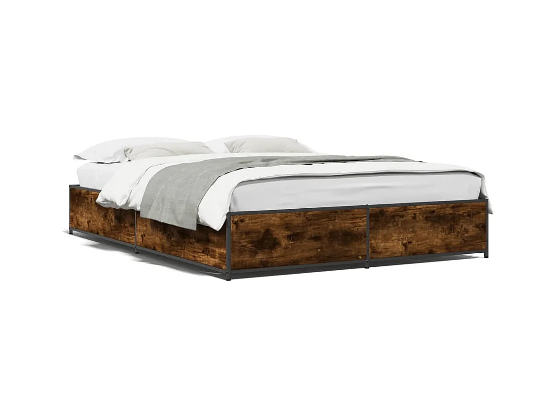 Lit double chêne fumé 140x200 cm bois d'ingénierie et métal FR56325