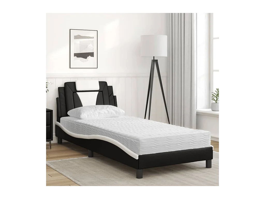 Lit adulte + matelas noir et blanc 90x200 cm similicuir FR61324