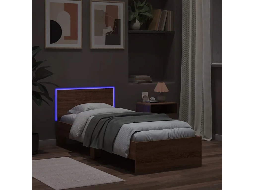Lit simple tête de lit et lumières LED chêne marron 75x190 cm FR29847