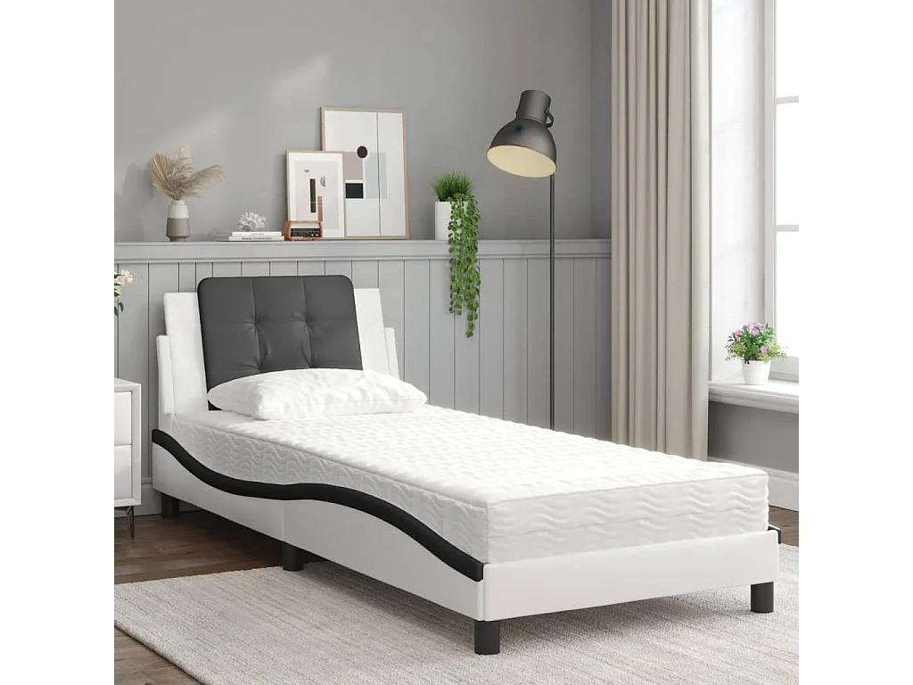 Lit adulte + matelas blanc et noir 90x190 cm similicuir FR79890