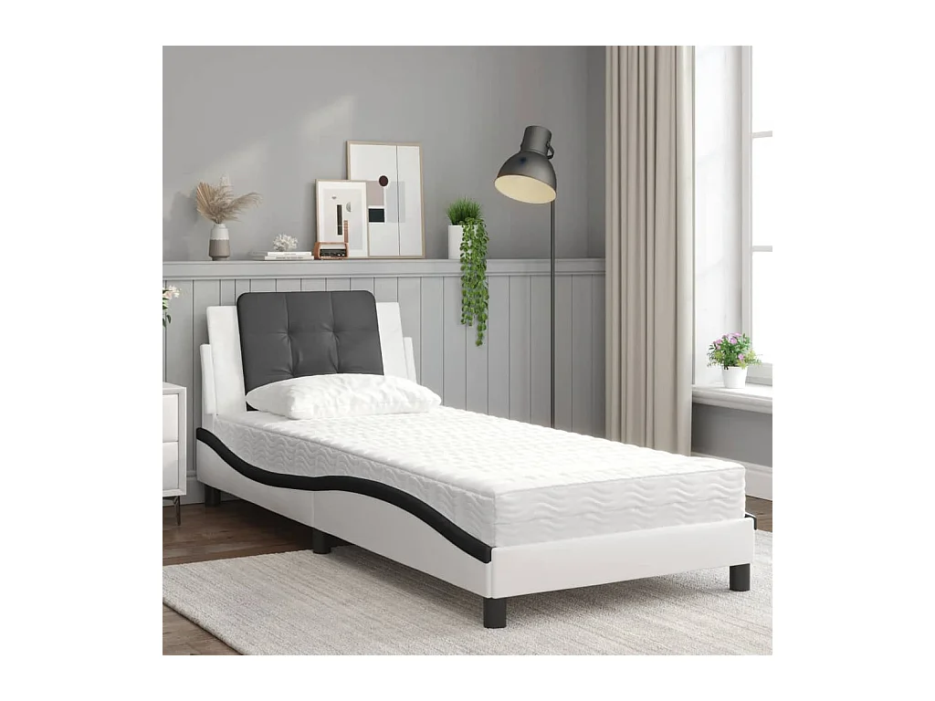 Lit adulte + matelas blanc et noir 90x190 cm similicuir FR79890
